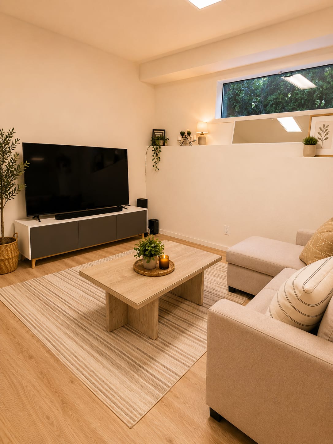 A warmly lit, designer-furnished living room in a managed home
